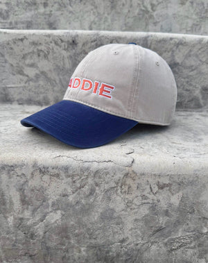 BADDIE, Denver Football dad hat in khaki and navy, side view showing the plain side panel, embroidered by Threaded by Sal