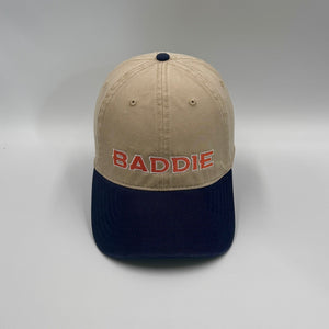 BADDIE, Denver Football dad hat in khaki with a navy brim, front view, embroidered by Threaded by Sal