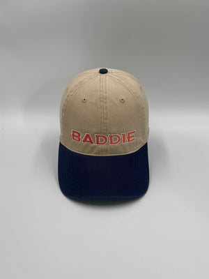 BADDIE, Denver Football dad hat in khaki with a navy brim, front view, embroidered by Threaded by Sal