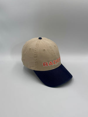 BADDIE, Denver Football dad hat in khaki and navy, angled view, embroidered by Threaded by Sal