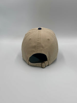 BADDIE, Denver Football dad hat in khaki and navy, back view with the brass buckle strap, embroidered by Threaded by Sal