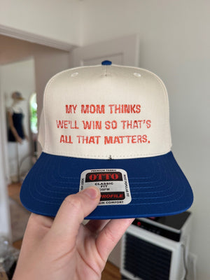 My Mom Thinks We’ll Win, Denver Football 5-Panel Snapback, held in hand, embroidered by Threaded by Sal (photo 8 of 8)